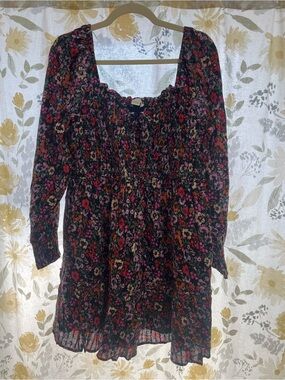 American Eagle Outfitters Black Floral Smocked Tunic with Pink & Red Flowers
